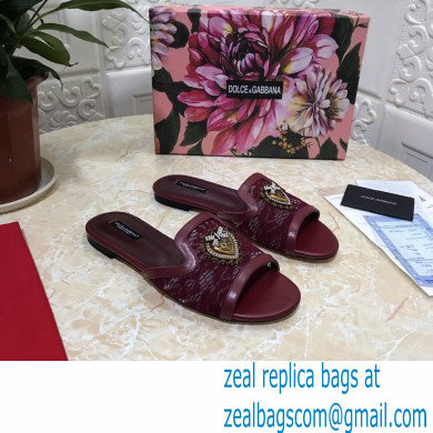 Dolce  &  Gabbana Lace Sliders Burgundy with Devotion Heart 2021